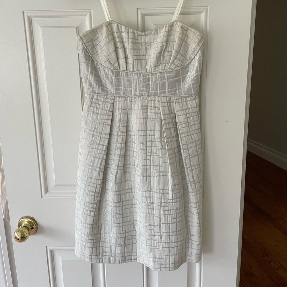 BCBGMaxazria white and silver strapless cocktail dress